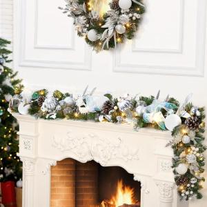 6 ft Pre Lit Christmas Garland for Mantle, Xmas Holiday Garlands with 20 Warm White LED Lights, Silver Bows & Pine Cones, Indoor Outdoor Christmas Decoration for Fireplace(Silver & White)