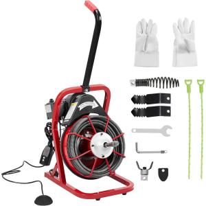 Drain Cleaner Machine, 50 Ft X 1/2 in Professional Electric Drain Auger for 1 to 4 in Pipes, Portable Electric Drain Snake with 4 Cutters & Foot Switch and Pair of Gloves(RED 4)
