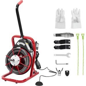 Drain Cleaner Machine, 50 Ft X 1/2 in Professional Electric Drain Auger for 1 to 4 in Pipes, Portable Electric Drain Snake with 4 Cutters & Foot Switch and Pair of Gloves(‎Red)