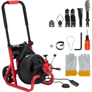 Drain Cleaner Machine, 75 ft X 1/2 in Electric Drain Auger with 6 Cutters and Gloves, Commercial Drain Cleaning Machine Sewer Snake Drill Drain Auger Cleaner for 2 to 4 in Pipes(75FT x 1/2 Inch)