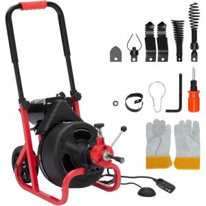 Drain Cleaner Machine, 75 ft X 1/2 in Electric Drain Auger with 6 Cutters and Gloves, Commercial Drain Cleaning Machine Sewer Snake Drill Drain Auger Cleaner for 2 to 4 in Pipes(100FT x 3/8 Inch)