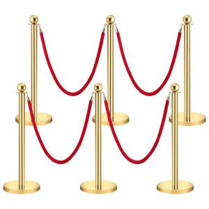 GARVEE Velvet Ropes and Posts, Crowd Control Barriers, 4 Red Velvet Rope 5 ft, 6 Pcs 38 in Gold Stanchion Post with Ball Top for Red Carpet, Theaters, Parties, Wedding, Exhibition