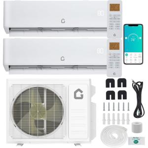 Garvee 20000 BTU Dual Zone WIFI Mini Split AC/Heating System, 20 SEER2 2 Zone 9000+9000 BTU Ductless Split Air Conditioner with Pre-Charged Condenser, Not Include Copper Tube Line Set, 208-230V(2 Head-12000BTU+12000BTU)