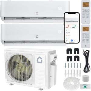 Garvee 20000 BTU Dual Zone WIFI Mini Split AC/Heating System, 20 SEER2 2 Zone 9000+9000 BTU Ductless Split Air Conditioner with Pre-Charged Condenser, Not Include Copper Tube Line Set, 208-230V(2 Head-9000BTU+9000BTU)