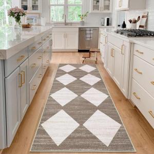 Garvee 2×6 Kitchen Rug Washable Hallway Runner Rugs Non Slip Neutral Area Rug for Entryway Stain Resistant Checkered Bathroom Rugs Low Pile Front Door Mat Brown Rug(Brown)
