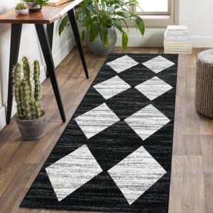 Garvee 2×6 Kitchen Rug Washable Hallway Runner Rugs Non Slip Neutral Area Rug for Entryway Stain Resistant Checkered Bathroom Rugs Low Pile Front Door Mat Brown Rug(Black and White-1)