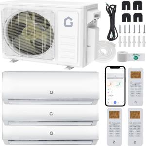 Garvee 3 Zone 28000 BTU(9K + 9K + 9K) Mini Split AC/Heating System, 20 SEER2 Tri Zone Ductless Split Air Conditioner with Pre-Charged Condenser, Not Include Copper Tube Line Set, 208-230V(3 Head-12000BTU×3)