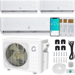 Garvee 3 Zone 28000 BTU(9K + 9K + 9K) Mini Split AC/Heating System, 20 SEER2 Tri Zone Ductless Split Air Conditioner with Pre-Charged Condenser, Not Include Copper Tube Line Set, 208-230V(3 Head-9000BTU×3)