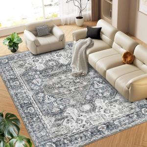 Garvee 5×7 Bedroom Rugs Non Slip Washable Rugs for Living Room Modern Striped Area Rug for Dining Room Stain Resistant Area Rug for Classroom Office Blue and Orange(Grey Blue)