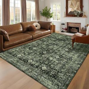 Garvee 5×7 Living Room Rugs Machine Washable Area Rugs Vintage Bordered Floor Cover Carpet with Non Slip Backing Non Shedding Low Pile Soft Mats for Bedroom Nursery Office, Green(Vintage|green)