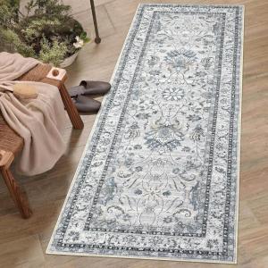Garvee 5×7 Living Room Rugs Machine Washable Area Rugs Vintage Bordered Floor Cover Carpet with Non Slip Backing Non Shedding Low Pile Soft Mats for Bedroom Nursery Office, Green(Floral|grey)