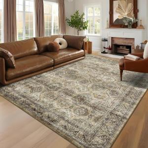 Garvee 5×7 Living Room Rugs Machine Washable Area Rugs Vintage Bordered Floor Cover Carpet with Non Slip Backing Non Shedding Low Pile Soft Mats for Bedroom Nursery Office, Green(Distressed|taupe)