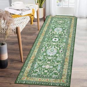 Garvee 5×7 Living Room Rugs Machine Washable Area Rugs Vintage Bordered Floor Cover Carpet with Non Slip Backing Non Shedding Low Pile Soft Mats for Bedroom Nursery Office, Green(Floral|green)
