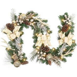 Garvee 6 Feet Christmas Garland with Lights for Mantle, Battery Operated Outdoor Christmas Garlands with Antlers Gold Balls, Prelit Garland Decorations for Fireplace Stair Railing TV Stand(Gold)