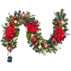 Garvee 6 Feet Christmas Garland with Lights for Mantle, Battery Operated Outdoor Christmas Garlands with Antlers Gold Balls, Prelit Garland Decorations for Fireplace Stair Railing TV Stand(Red Gold)