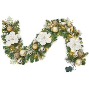 Garvee 6 Feet Christmas Garland with Lights for Mantle, Battery Operated Outdoor Christmas Garlands with Antlers Gold Balls, Prelit Garland Decorations for Fireplace Stair Railing TV Stand(White Gold)