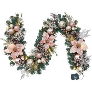 Garvee 6 Feet Christmas Garland with Lights for Mantle, Battery Operated Outdoor Christmas Garlands with Antlers Gold Balls, Prelit Garland Decorations for Fireplace Stair Railing TV Stand(Rose Gold)