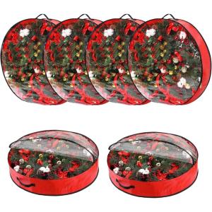 Garvee 6 Pack Christmas Wreath Storage Bags, Waterproof Clear PVC/PE Wreath Storage Containers with Sturdy Handles & Zippers, Holiday Decor Storage Organizer for Xmas and Seasonal Decorations, Green(Red)