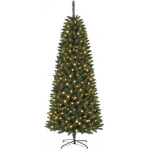 Garvee 6 ft Christmas Tree, 6 ft Artificial Prelit Slim Pencil Tree with Warm White Lights & Metal Stand, Easy Assemble, Xmas Decor for Home Party Office Mall Holiday Decoration(Green)