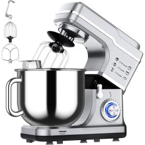Garvee 7.5 QT Stand Food Mixer, 10-Speed Tilt Head 3 in-1 Kitchen Electric Mixer with Stainless Steel Bowl, Egg Whisk, Dough Hook, Beater, Splash Guard, Compact Dough Mixer for Home Cooks, Silver(SILVER)