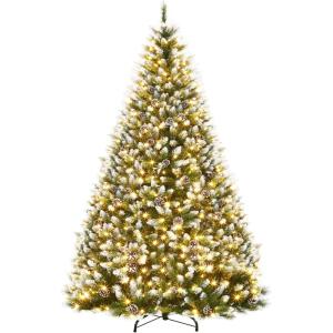 Garvee 7.5 ft Pre-Decorated Artificial Christmas Tree Prelit, Partially Flocked Design Xmas Tree with 1042 Branch Tips, 550 LED Lights, Pinecones & Metal Stand for Christmas Decorations(Green With Pinecones)