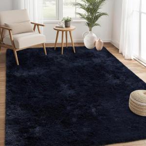 Garvee 8×10 Area Rug for Living Room, Fluffy Shag Soft Washable Rugs Large Fuzzy Plush Indoor Carpet for Bedroom Nursery Playroom Kids Girls Boys Room (Black)(Dark Navy)