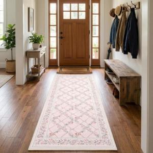 Garvee 8×10 Area Rugs Washable Rugs for Living Room Modern Solid Minimalist Border Rug Soft Bedroom Rug Non Slip Floor Cover Stain Resistant Throw Carpet for Dining Room Apartment Nursery，Black/Grey(Floral – Pink)