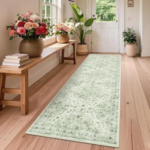 Garvee 8×10 Rug Washable Vintage Boho Large Rugs for Living Room Non Slip Kids Playroom Floor Mat Non Shedding Soft Bedroom Rug Low Pile Soft Thin Foldable Indoor Rugs for Classroom Dining, Beige(Green)
