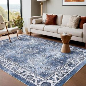 Garvee 8×10 ft Distressed Vintage Floral Print Area Rug,Non-Slip Indoor Washable Rug, Stain Resistant Retro Accent Low Pile Carpet for Living Room/Bedroom/Kitchen/Dining Room/Kids Room/Nursery(Blue)(Blue)