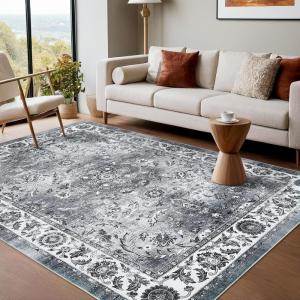 Garvee 8×10 ft Distressed Vintage Floral Print Area Rug,Non-Slip Indoor Washable Rug, Stain Resistant Retro Accent Low Pile Carpet for Living Room/Bedroom/Kitchen/Dining Room/Kids Room/Nursery(Blue)(Grey)