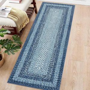 Garvee 9×12 Living Room Rug Braided Print Large Washable Braided Rug Non Slip Accent Braided Print Indoor Rustic Area Rug Border Carpet for Bedroom Home Decor (Grey)(Blue)