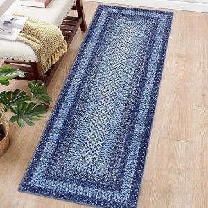 Garvee 9×12 Living Room Rug Braided Print Large Washable Braided Rug Non Slip Accent Braided Print Indoor Rustic Area Rug Border Carpet for Bedroom Home Decor (Grey)(Navy)
