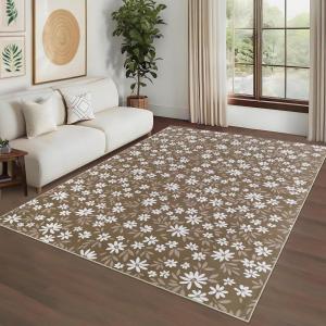 Garvee 9×12 Washable Rugs Low Pile Living Room Rug Boho Accent Rug Soft Bedroom Floor Carpet Modern Woven Print Rugs (Not Braid) Non Shedding Thin Foldable Floor Mats for Nursery Classroom, Green(Floral | Brown)