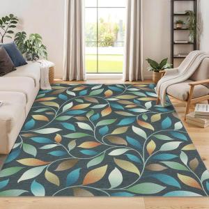 Garvee 9×12 Washable Rugs Low Pile Living Room Rug Boho Accent Rug Soft Bedroom Floor Carpet Modern Woven Print Rugs (Not Braid) Non Shedding Thin Foldable Floor Mats for Nursery Classroom, Green(Leaf | Gray & Green)