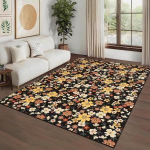 Garvee 9×12 Washable Rugs Low Pile Living Room Rug Boho Accent Rug Soft Bedroom Floor Carpet Modern Woven Print Rugs (Not Braid) Non Shedding Thin Foldable Floor Mats for Nursery Classroom, Green(Floral | Black)