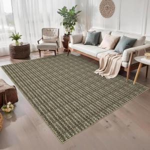 Garvee 9×12 Washable Rugs Low Pile Living Room Rug Boho Accent Rug Soft Bedroom Floor Carpet Modern Woven Print Rugs (Not Braid) Non Shedding Thin Foldable Floor Mats for Nursery Classroom, Green(Knit Print | Taupe)