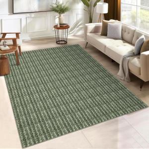 Garvee 9×12 Washable Rugs Low Pile Living Room Rug Boho Accent Rug Soft Bedroom Floor Carpet Modern Woven Print Rugs (Not Braid) Non Shedding Thin Foldable Floor Mats for Nursery Classroom, Green(Knit Print | Green)