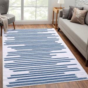 Garvee 9×12 Washable Rugs Low Pile Living Room Rug Boho Accent Rug Soft Bedroom Floor Carpet Modern Woven Print Rugs (Not Braid) Non Shedding Thin Foldable Floor Mats for Nursery Classroom, Green(Line | Blue)