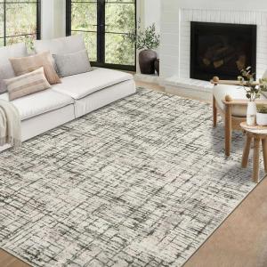 Garvee Area Rug 5×7 Machine Washable Rugs Non Slip Low Pile Abstract Print Modern Carpet Stain Resistant Non Shedding Accent Rugs for Living Room Bedroom Dining Room, Red(Plaid|camel)