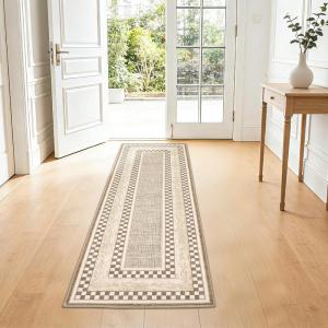 Garvee Area Rug 5×7, No Slip Washable, Modern Checkered Pattern Area Rug, Low-Pile Design Rug, Under Bed Carpet, for Living Room Bedroom Dining Room, Grey(Brown)