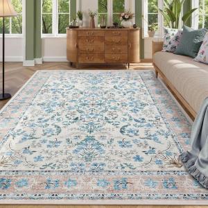 Garvee Area Rug 8×10 for Living Room, Washable Non Slip Low Pile Rugs, Floral Soft Carpet for Living Room, Bedroom, Dining Room, Pink(Blue)