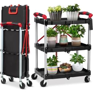 Garvee Collapsible Folding Utility Cart with Wheels, 3 Tier Rolling Service Cart for Kitchen, Office, Shopping, Garage(Black)