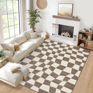 Garvee Extra Large 9×12 Washable Rug with Non Slip Backing Modern Floral Print Rug Non Shedding Stain Resistant Carpet Contemporary Farmhouse Rugs Low Pile Foldable Thin Mat for Living Room, Beige(Checkered|brown)