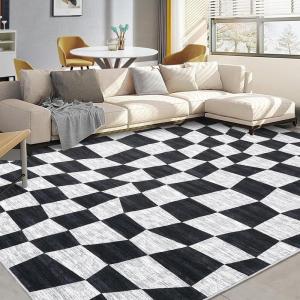 Garvee Extra Large 9×12 Washable Rug with Non Slip Backing Modern Floral Print Rug Non Shedding Stain Resistant Carpet Contemporary Farmhouse Rugs Low Pile Foldable Thin Mat for Living Room, Beige(Checkered|black)