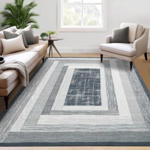Garvee Extra Large 9×12 Washable Rug with Non Slip Backing Modern Floral Print Rug Non Shedding Stain Resistant Carpet Contemporary Farmhouse Rugs Low Pile Foldable Thin Mat for Living Room, Beige(Minimalist|grey)