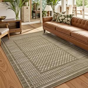 Garvee Extra Large 9×12 Washable Rug with Non Slip Backing Modern Floral Print Rug Non Shedding Stain Resistant Carpet Contemporary Farmhouse Rugs Low Pile Foldable Thin Mat for Living Room, Beige(Plaid|brown)