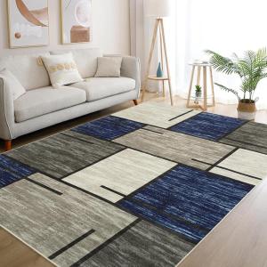 Garvee Extra Large 9×12 Washable Rug with Non Slip Backing Modern Floral Print Rug Non Shedding Stain Resistant Carpet Contemporary Farmhouse Rugs Low Pile Foldable Thin Mat for Living Room, Beige(Modern|blue)