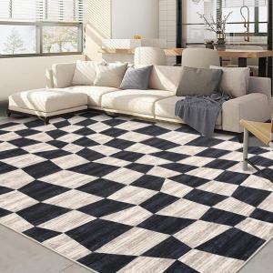 Garvee Extra Large 9×12 Washable Rug with Non Slip Backing Modern Floral Print Rug Non Shedding Stain Resistant Carpet Contemporary Farmhouse Rugs Low Pile Foldable Thin Mat for Living Room, Beige(Checkered|dark Blue)