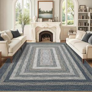 Garvee Extra Large Carpet Rug 10×13 Washable Rug with Braided Print for Living Room Bedroom, Foldable Non-Slip Low-Pile Stain Resistant Carpet for Playroom Dinning Room Apartment, Brown(Border-dark Grey)