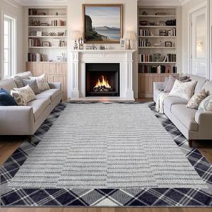 Garvee Extra Large Carpet Rug 10×13 Washable Rug with Braided Print for Living Room Bedroom, Foldable Non-Slip Low-Pile Stain Resistant Carpet for Playroom Dinning Room Apartment, Brown(Wide Border-grey)